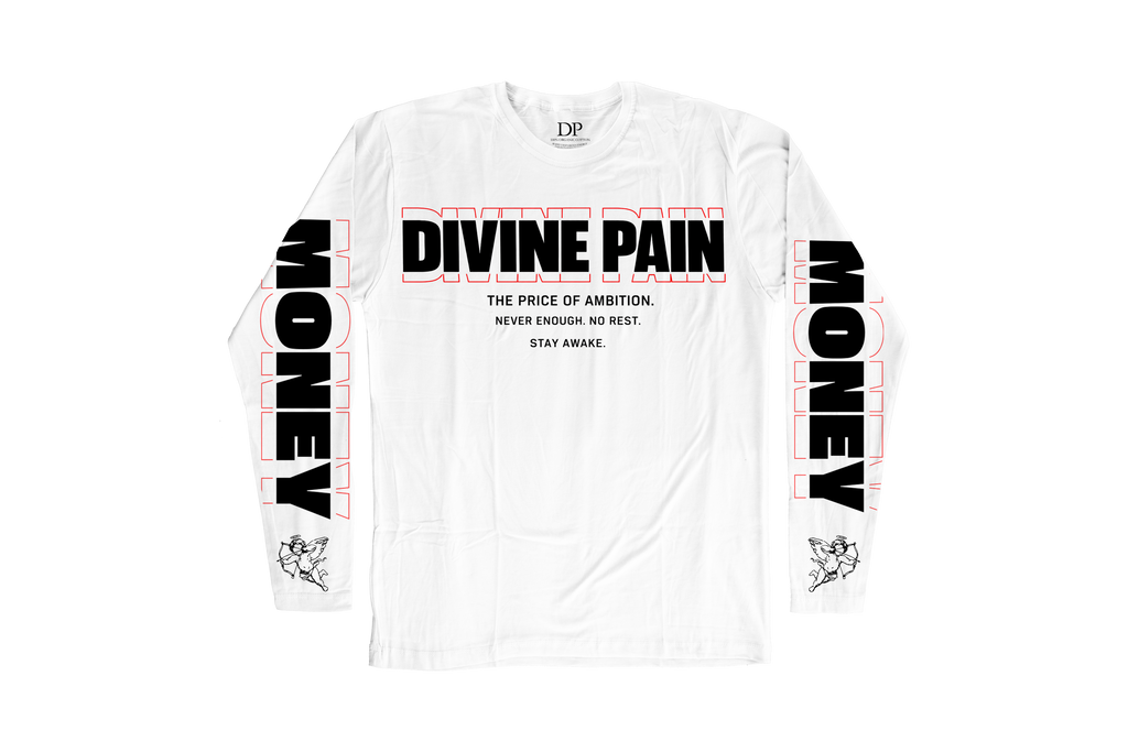 Camiseta Manga Larga De Lujo Blanco “Money — Divine Burn”