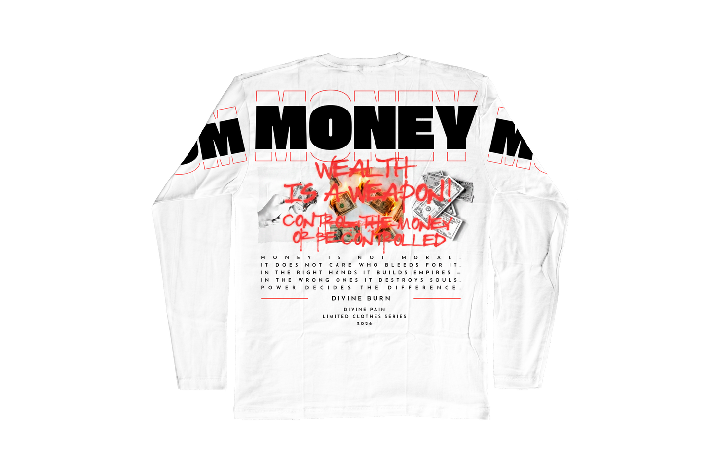 Camiseta Manga Larga De Lujo Blanco “Money — Divine Burn”