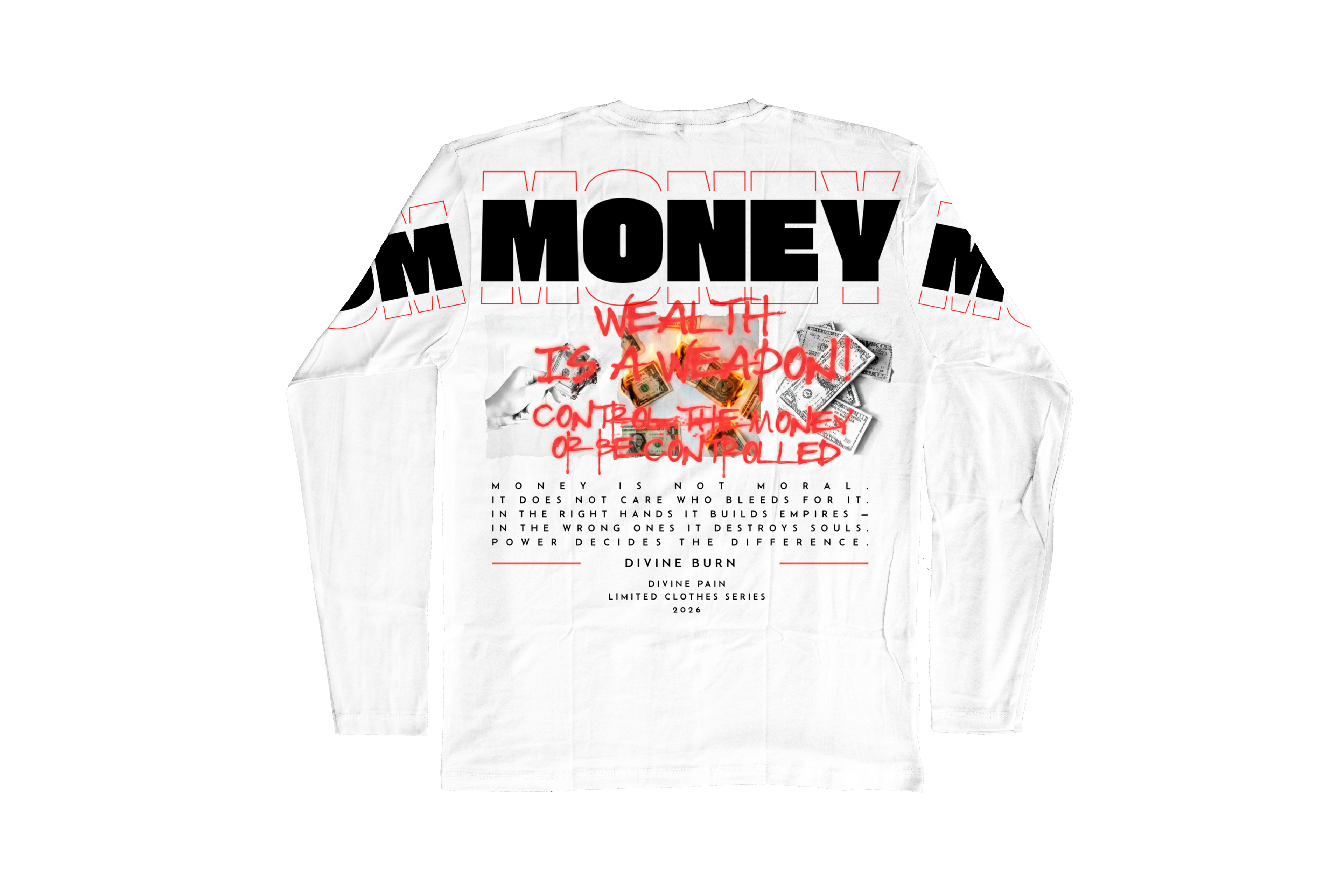 Camiseta Manga Larga De Lujo Blanco “Money — Divine Burn”