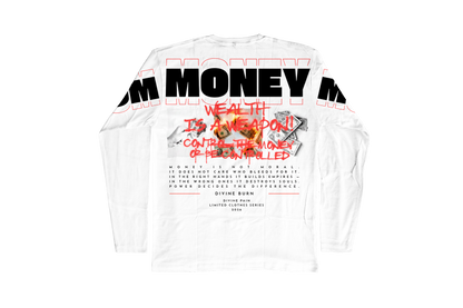 Camiseta Manga Larga De Lujo Blanco “Money — Divine Burn”