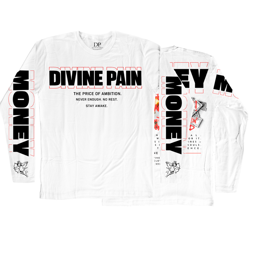 Camiseta Manga Larga De Lujo Blanco “Money — Divine Burn”