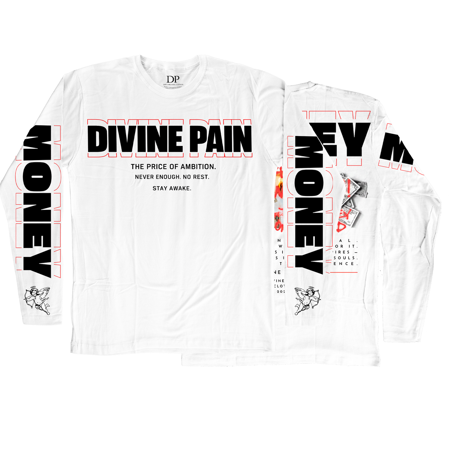 Camiseta Manga Larga De Lujo Blanco “Money — Divine Burn”