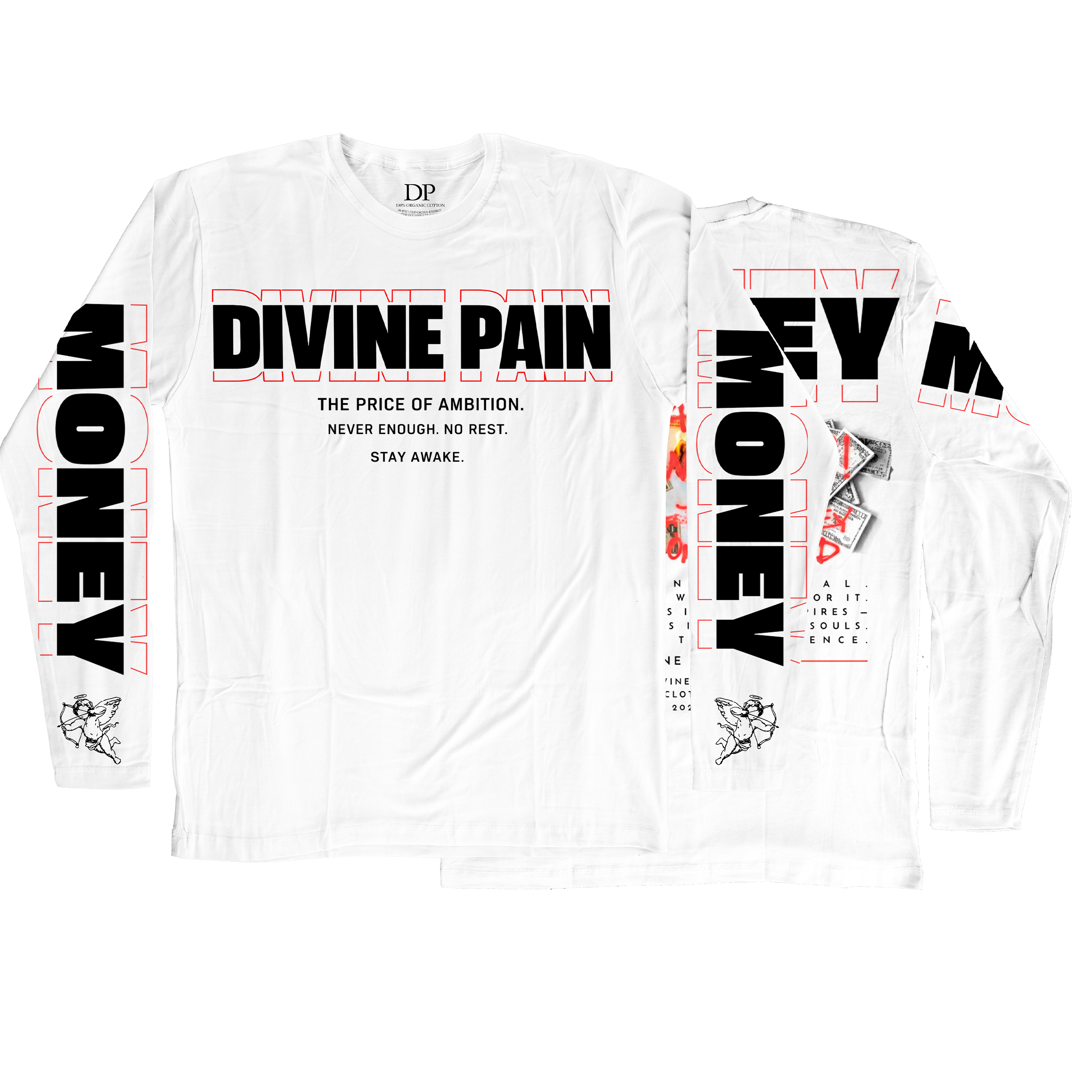 Camiseta Manga Larga De Lujo Blanco “Money — Divine Burn”