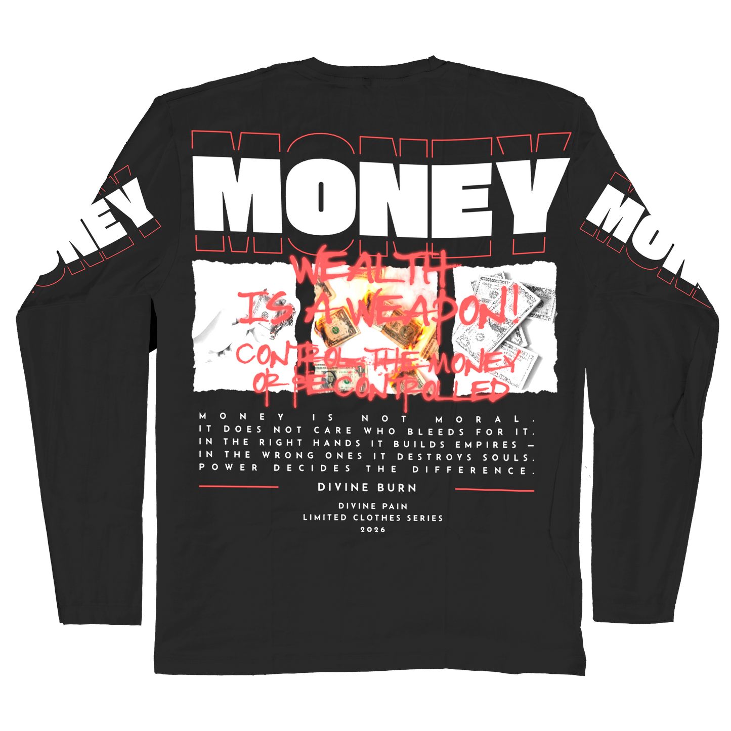 Camiseta Manga Larga De Lujo Negro “Money — Divine Burn”
