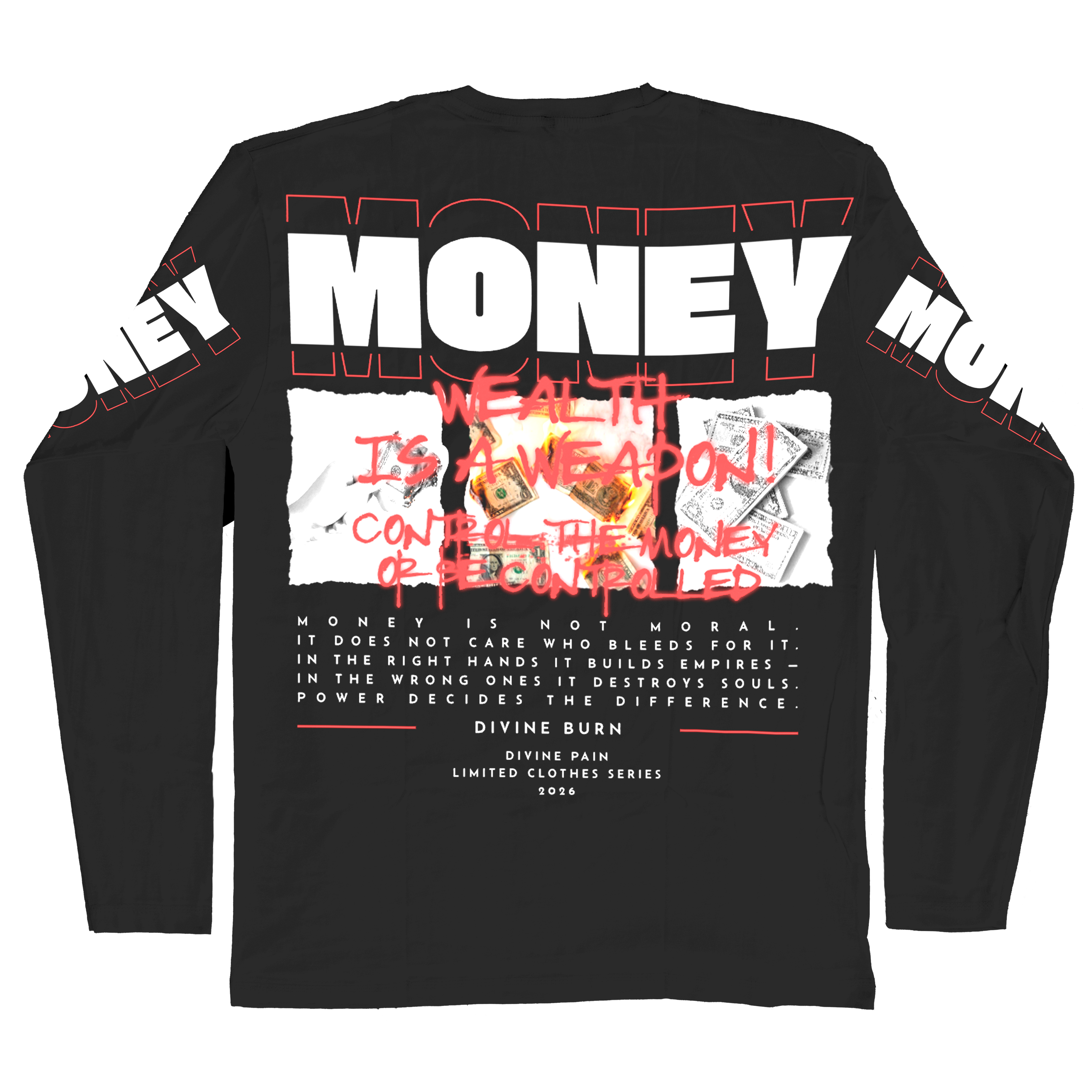 Camiseta Manga Larga De Lujo Negro “Money — Divine Burn”