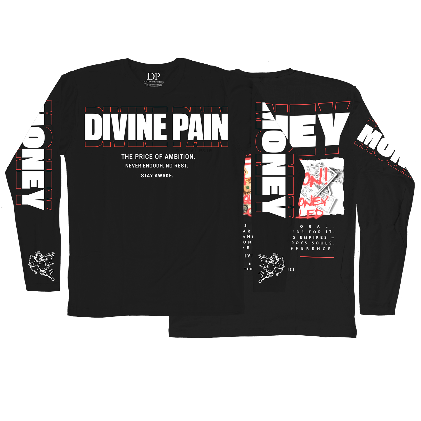 Camiseta Manga Larga De Lujo Negro “Money — Divine Burn”