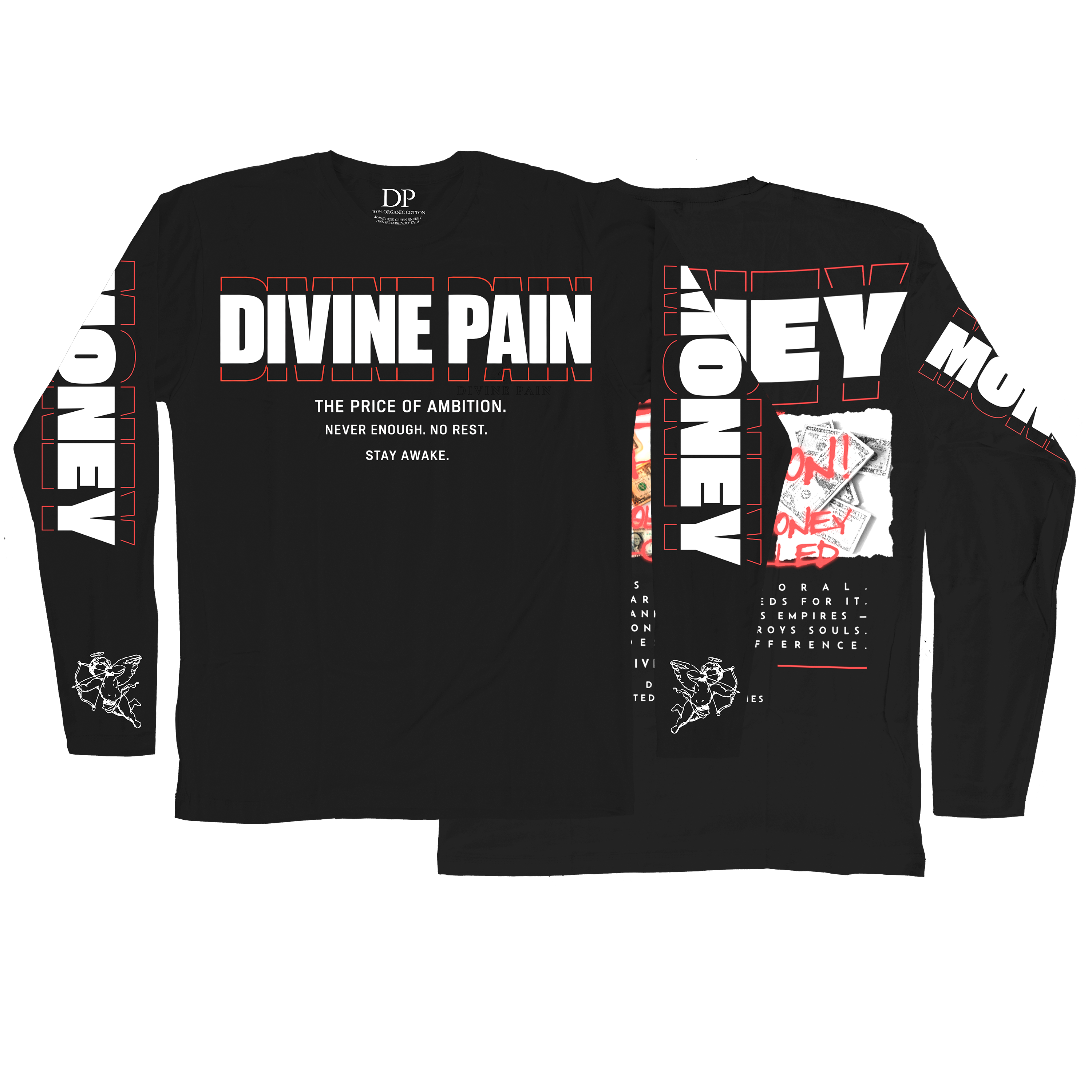 Camiseta Manga Larga De Lujo Negro “Money — Divine Burn”